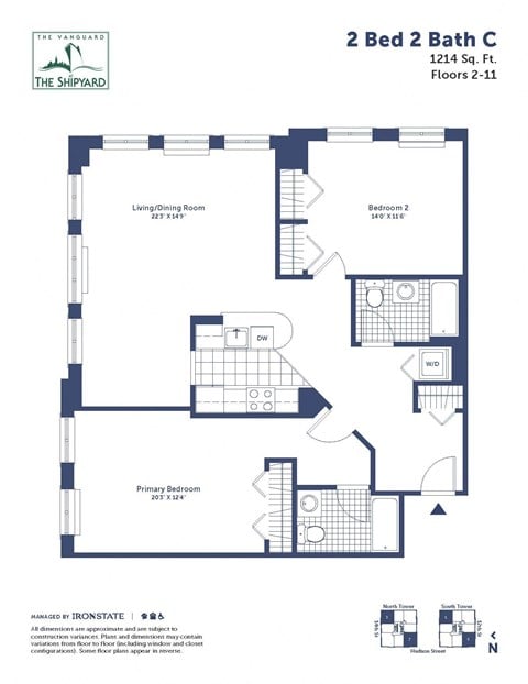 Floor plan for 2 beds, 2 baths, 1214 sqft